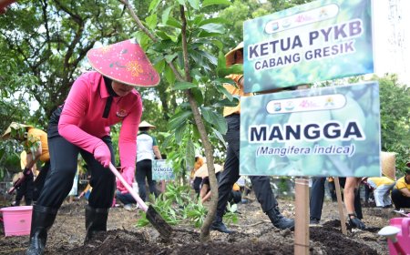 Peduli Lingkungan, Polres Gresik Bersama Bhayangkari Tanam Puluhan Pohon Produktif